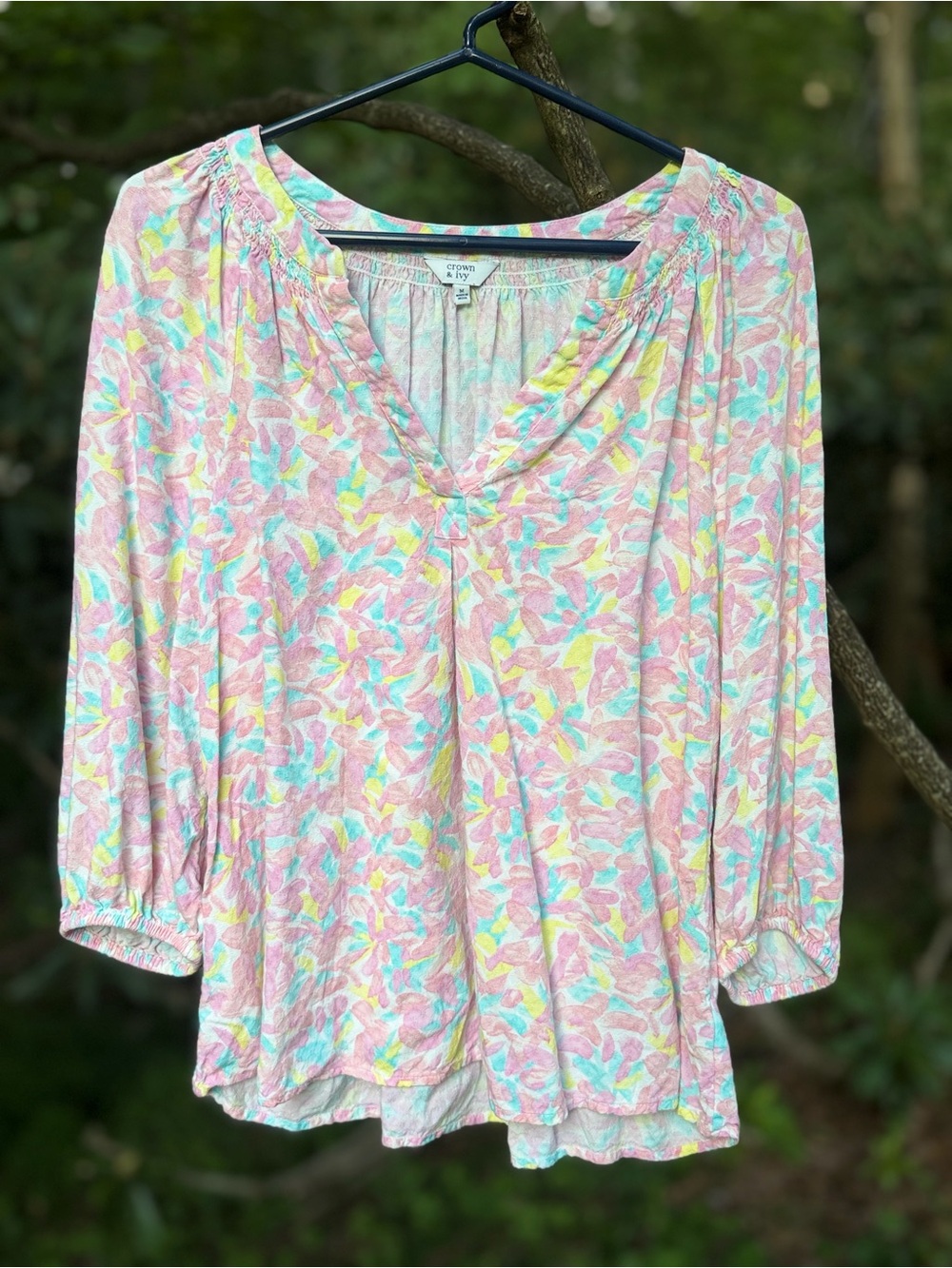 Crown & Ivy Pastel Floral V-Neck Blouse - Pink, Mint, Yellow - Picture 3 of 9